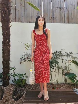 Red Flower Nashi Sleeveless Dress with Adjustable Straps Vacation Daily Look Resort Wing Dress