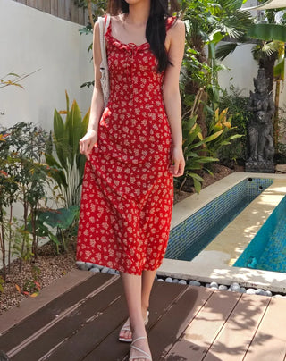 Red Flower Nashi Sleeveless Dress with Adjustable Straps Vacation Daily Look Resort Wing Dress