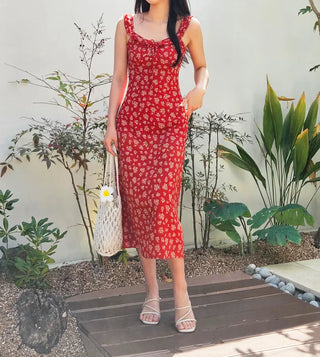 Red Flower Nashi Sleeveless Dress with Adjustable Straps Vacation Daily Look Resort Wing Dress