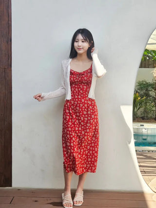 Red Flower Nashi Sleeveless Dress with Adjustable Straps Vacation Daily Look Resort Wing Dress