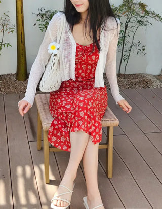 Red Flower Nashi Sleeveless Dress with Adjustable Straps Vacation Daily Look Resort Wing Dress