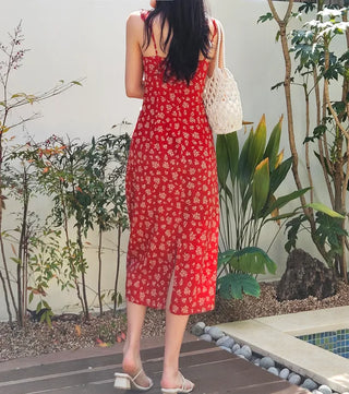 Red Flower Nashi Sleeveless Dress with Adjustable Straps Vacation Daily Look Resort Wing Dress