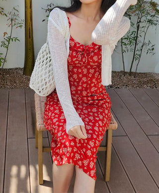 Red Flower Nashi Sleeveless Dress with Adjustable Straps Vacation Daily Look Resort Wing Dress