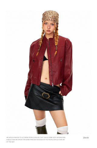 Stand Collar PU Leather Coat