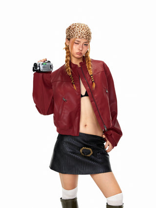 Stand Collar PU Leather Coat