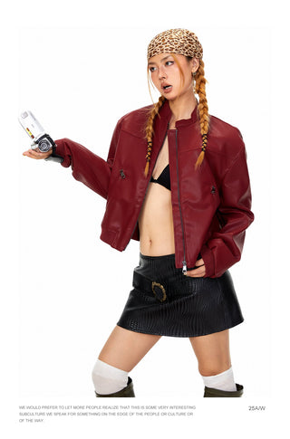 Stand Collar PU Leather Coat