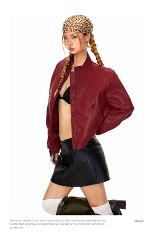 Stand Collar PU Leather Coat
