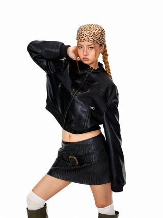 Stand Collar PU Leather Coat