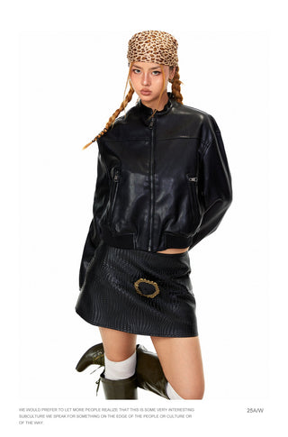 Stand Collar PU Leather Coat