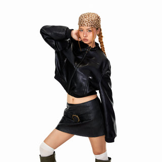 Stand Collar PU Leather Coat