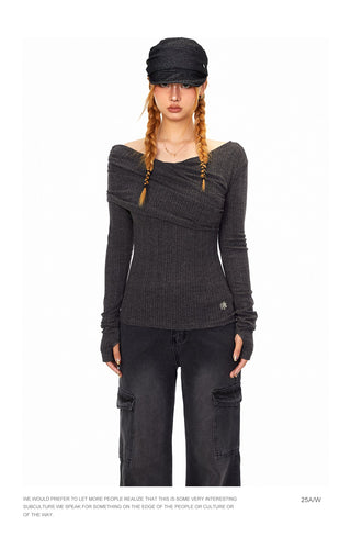 Off-Shoulder Pleated T-Shirt