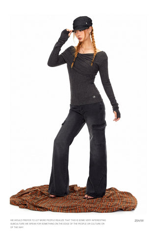 Off-Shoulder Pleated T-Shirt