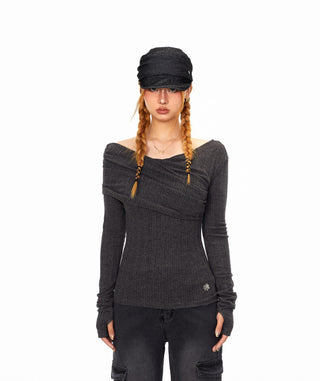 Off-Shoulder Pleated T-Shirt