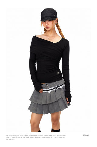 Off-Shoulder Pleated T-Shirt