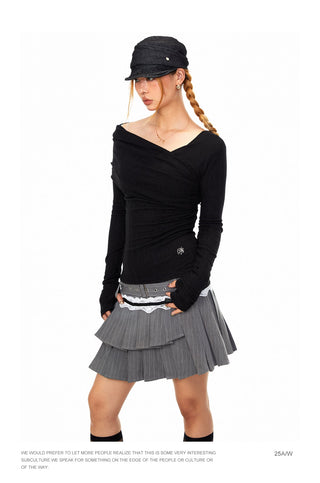 Off-Shoulder Pleated T-Shirt