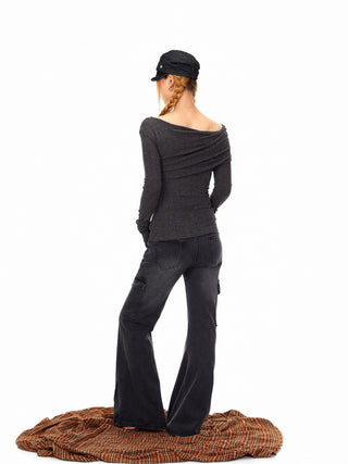 Off-Shoulder Pleated T-Shirt