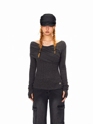 Off-Shoulder Pleated T-Shirt