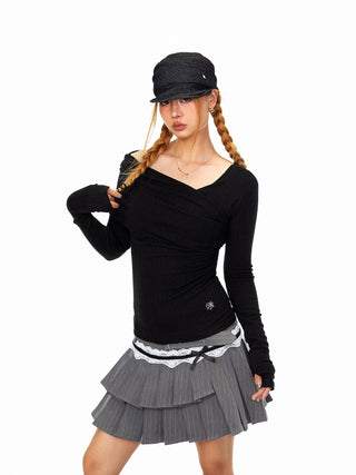 Off-Shoulder Pleated T-Shirt