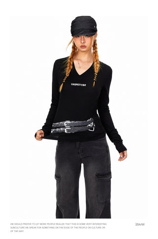 Personality Belt V-Neck Top