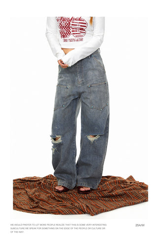 Fastener Ripped Denim Pants