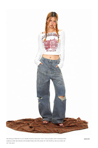 Fastener Ripped Denim Pants