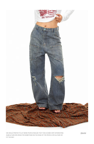 Fastener Ripped Denim Pants