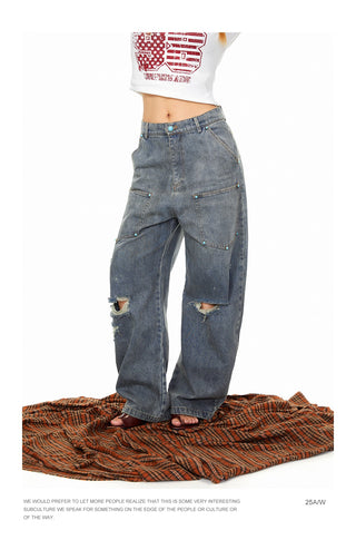 Fastener Ripped Denim Pants