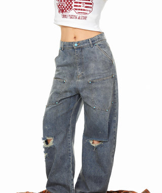 Fastener Ripped Denim Pants