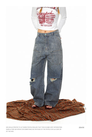 Fastener Ripped Denim Pants