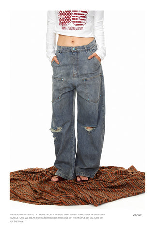 Fastener Ripped Denim Pants