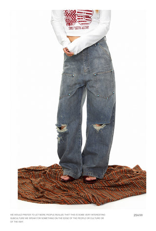 Fastener Ripped Denim Pants