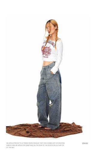 Fastener Ripped Denim Pants