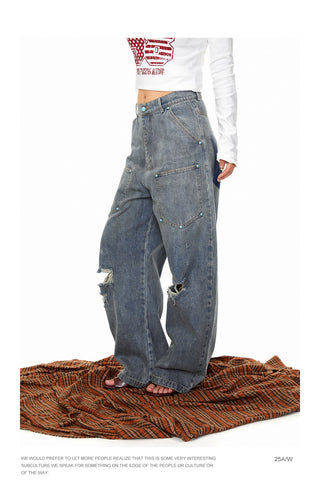 Fastener Ripped Denim Pants