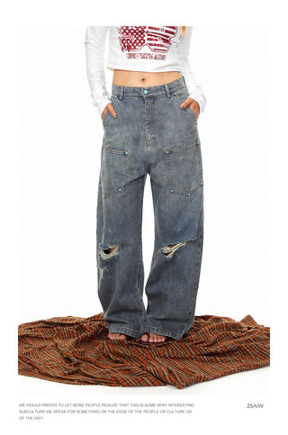 Fastener Ripped Denim Pants