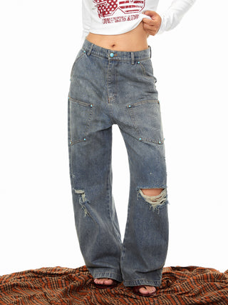 Fastener Ripped Denim Pants