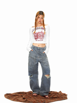 Fastener Ripped Denim Pants