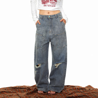 Fastener Ripped Denim Pants