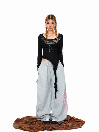 Rhinestone Printed Wide-Leg Pants
