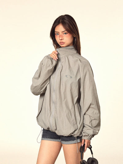 Glossy Pleated Stand Collar Jacket