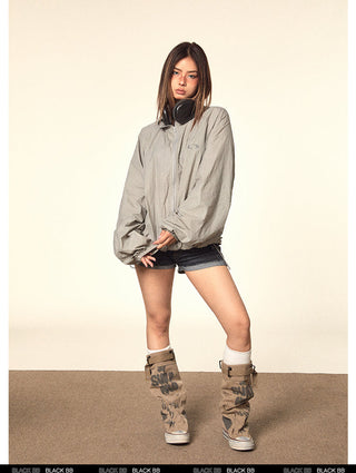 Glossy Pleated Stand Collar Jacket