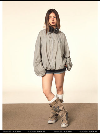 Glossy Pleated Stand Collar Jacket