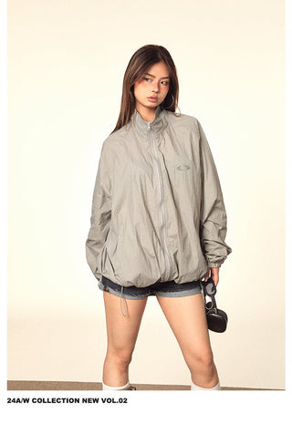 Glossy Pleated Stand Collar Jacket