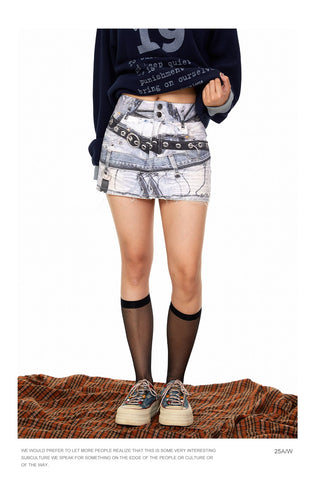 Printed Denim Sheath Skirt