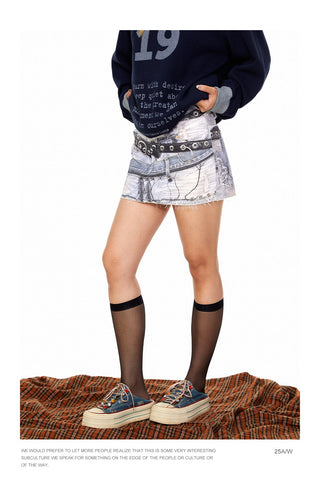 Printed Denim Sheath Skirt