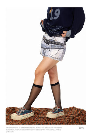Printed Denim Sheath Skirt