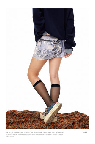 Printed Denim Sheath Skirt