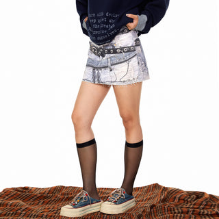 Printed Denim Sheath Skirt