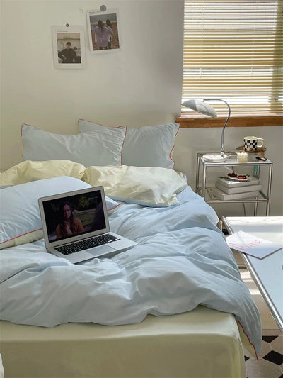 Blue and Cream Color Block Bedding Set