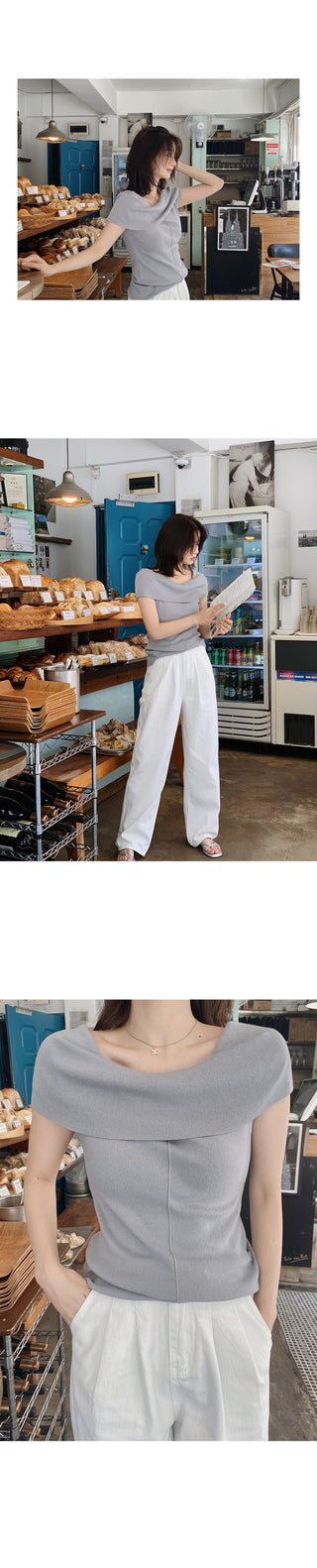 Off-shoulder slim knit - 3 colors