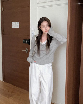 Snap button long-sleeved T-shirt